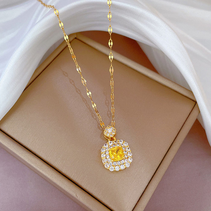Fashion Square Stainless Steel Copper Chain Inlay Artificial Diamond Pendant Necklace