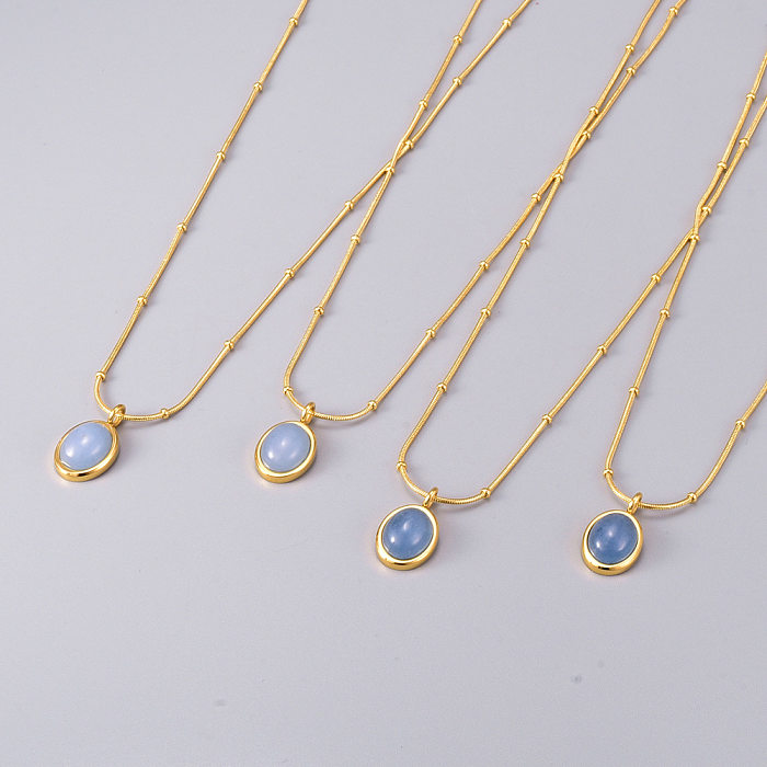 Simple Style Oval Stainless Steel Inlay Gem 18K Gold Plated Necklace