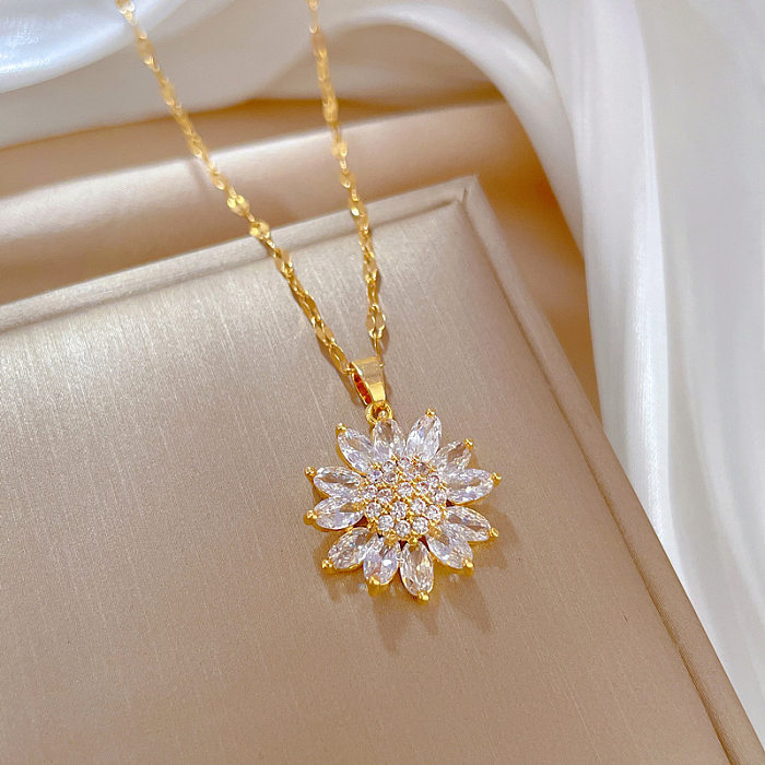 Elegant Flower Stainless Steel  Plating Inlay Zircon Gold Plated Pendant Necklace