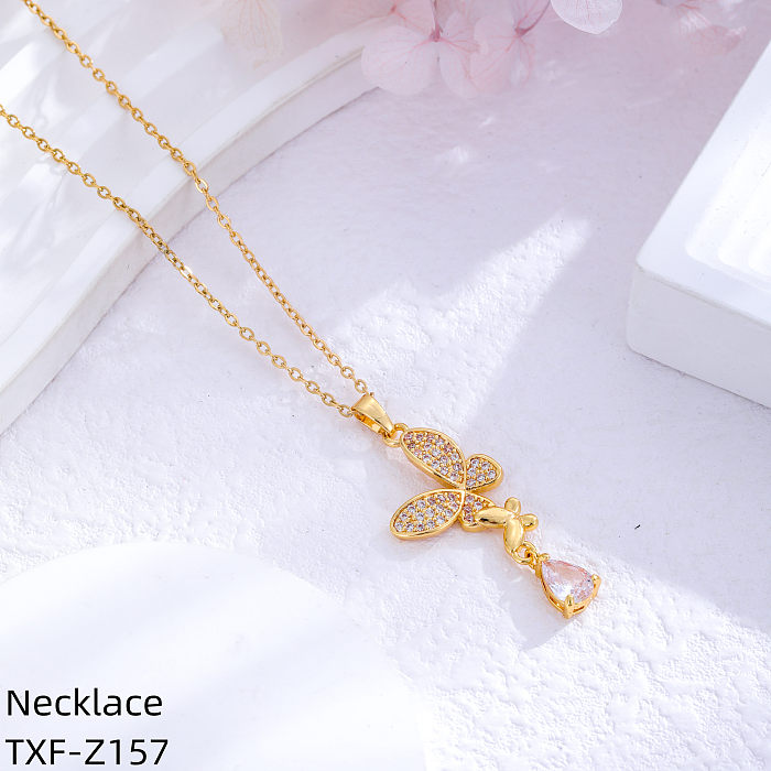 Simple Style Butterfly Bow Knot Stainless Steel  Inlay Rhinestones Zircon Gold Plated Pendant Necklace