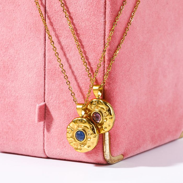 Simple Style Round Stainless Steel Plating Inlay Birthstone 18K Gold Plated Pendant Necklace