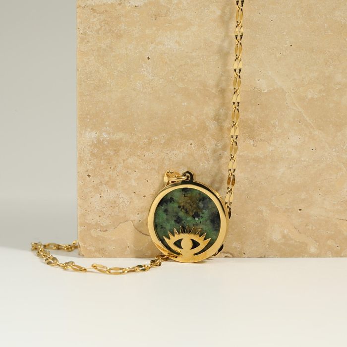 Einfache Teufelsauge-Anhänger-Halskette im Retro-Stil mit Edelstahl-Beschichtung, Naturstein-Einlage, 18 Karat vergoldet