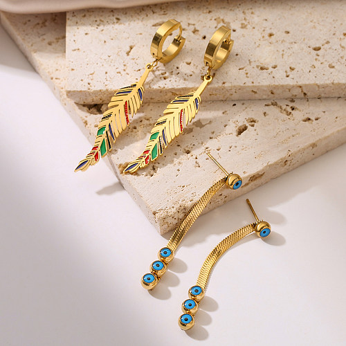 1 paire de boucles d'oreilles pendantes en acier inoxydable plaqué or 18 carats, Style Vintage, feuilles d'oeil du diable