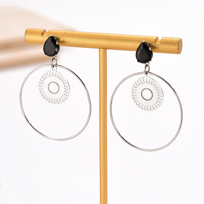 1 Pair Elegant Circle Inlay Stainless Steel  Zircon Drop Earrings