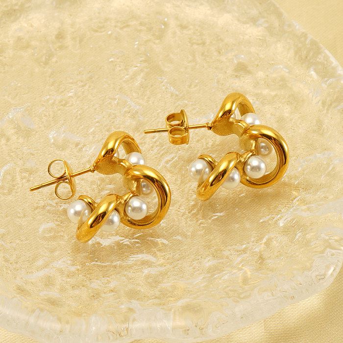 1 Pair Elegant Irregular Oval Solid Color Polishing Plating Inlay Stainless Steel  Freshwater Pearl 18K Gold Plated Ear Studs