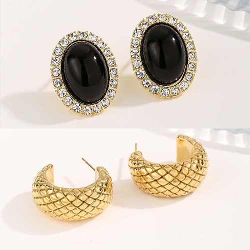 1 Pair Vintage Style Oval Plating Inlay Stainless Steel Zircon 18K Gold Plated Ear Studs
