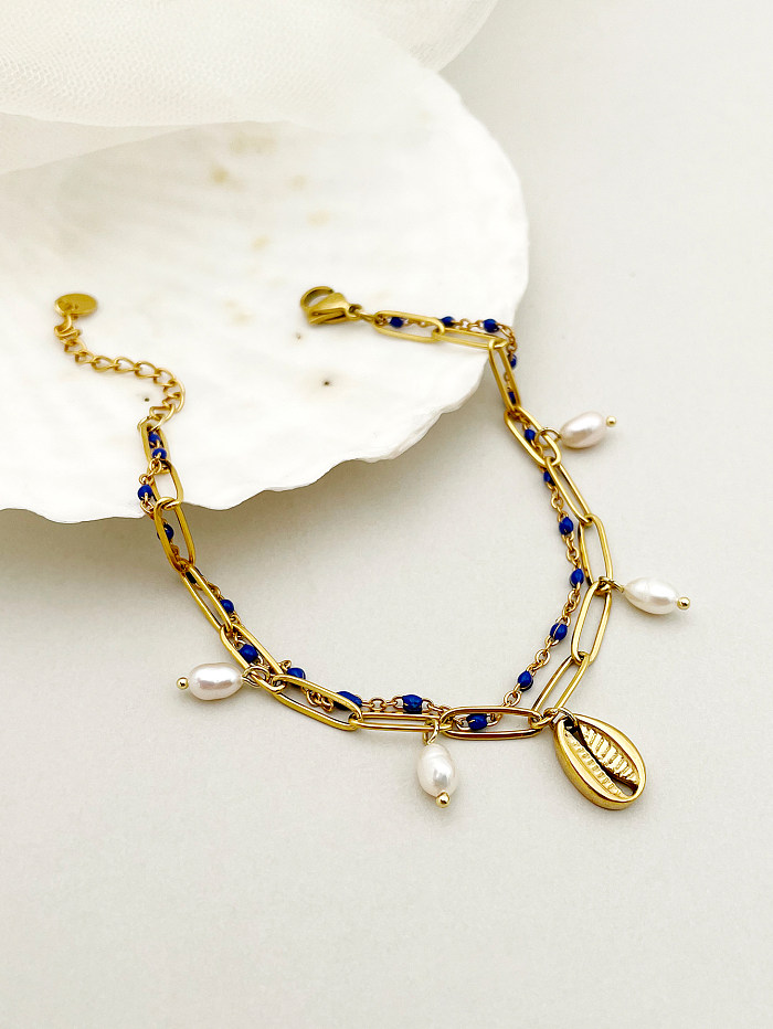Pulseras chapadas en oro con pulido de perlas artificiales de acero inoxidable con concha dulce de estilo vintage elegante