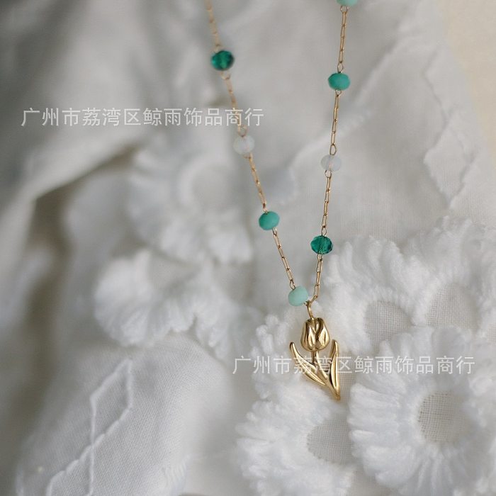 Mixed Stone Retro Green Tulip Flower Oil Painting Stainless Steel 18K Gold Plated Necklace