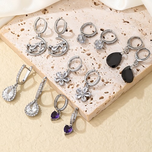 1 Pair Casual Sweet Korean Style Water Droplets Heart Shape Flower Plating Inlay Stainless Steel  Zircon White Gold Plated Drop Earrings