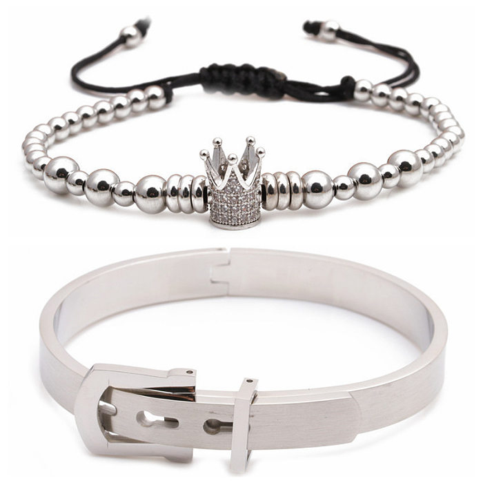 Bracelet Alphabet romain en acier inoxydable, couronne, boule de diamant tissée, ensemble de bracelets réglables, vente en gros de bijoux