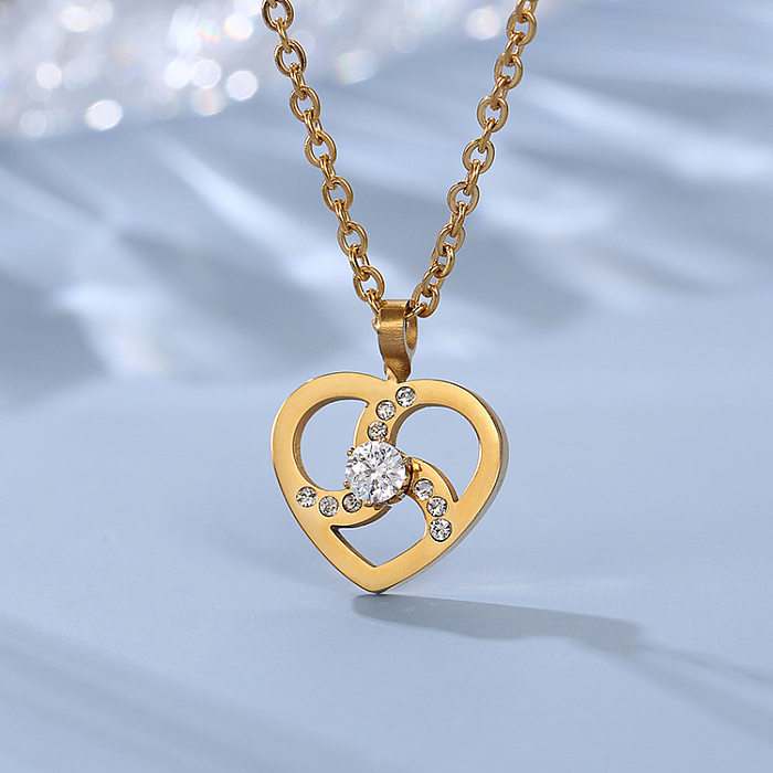 Simple Style Heart Shape Stainless Steel  Stainless Steel Zircon Pendant Necklace In Bulk