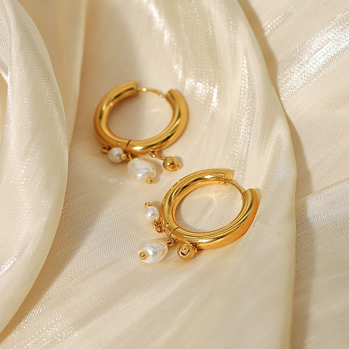 1 par de pendientes chapados en oro de 18 quilates de acero inoxidable chapado en perlas redondas estilo francés IG