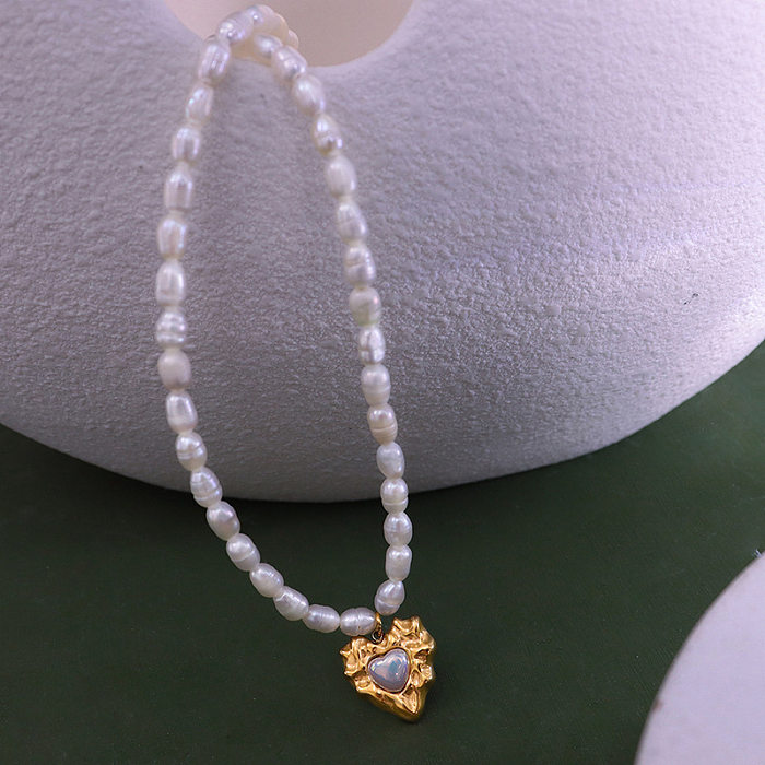 European And American Retro Style Beaten Heart Freshwater Pearl Stainless Steel 18K Real Gold Plated Necklace