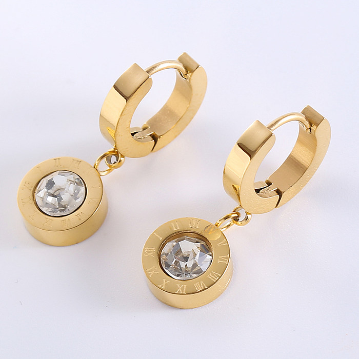1 paire de boucles d'oreilles pendantes de Style classique et romain, incrustation ronde en acier inoxydable et Zircon plaqué or 18 carats