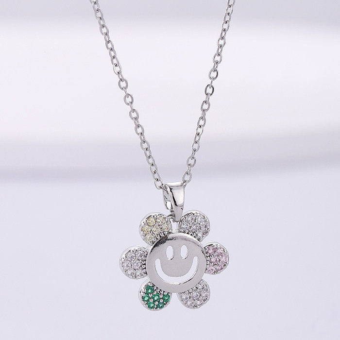 Vintage Style Flower Stainless Steel  Plating Inlay Zircon Silver Plated Pendant Necklace