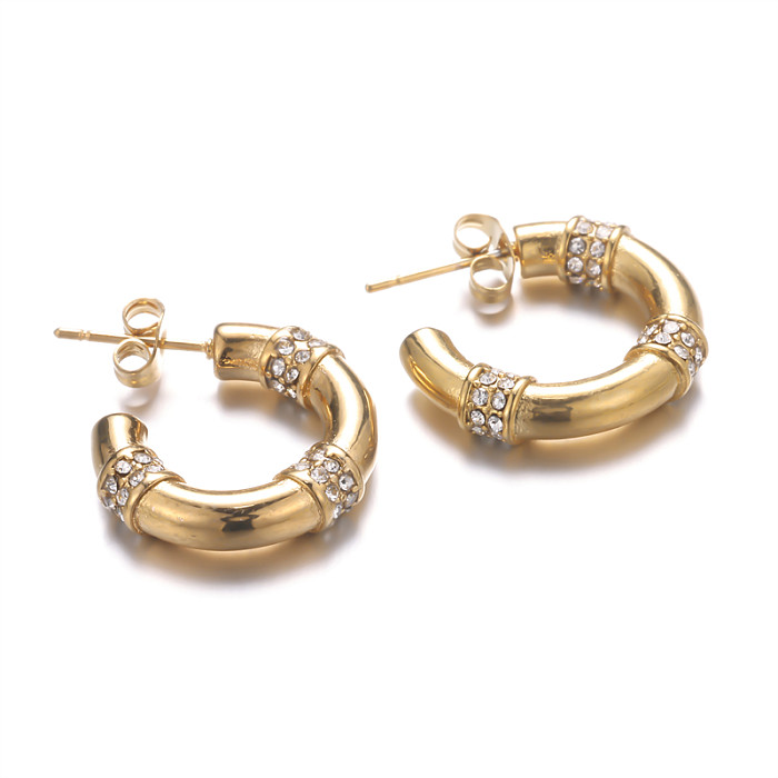 1 Pair IG Style Simple Style C Shape Plating Inlay Stainless Steel  Rhinestones 18K Gold Plated Ear Studs