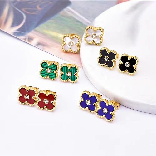 1 Pair Simple Style Four Leaf Clover Inlay Stainless Steel  Zircon Ear Studs