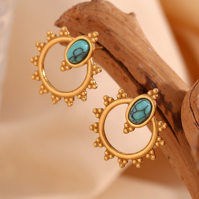 1 Paar lässige, schlichte, runde, ovale, plattierte Inlay-Ohrringe aus Edelstahl mit Türkis und 18-Karat-Vergoldung