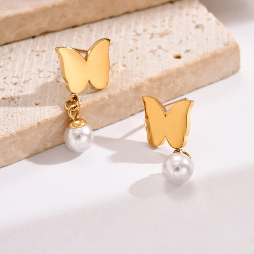 1 Paar moderne Schmetterlingsohrringe mit Inlay aus Edelstahl und künstlichen Perlen, 14 Karat vergoldet