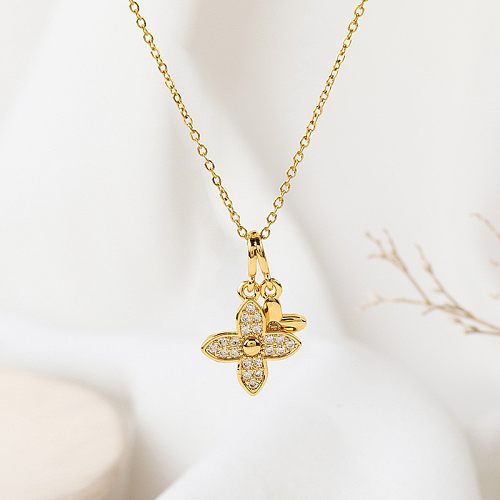 Casual Elegant Classic Style Geometric Stainless Steel Copper Plating Inlay Zircon 18K Gold Plated Pendant Necklace