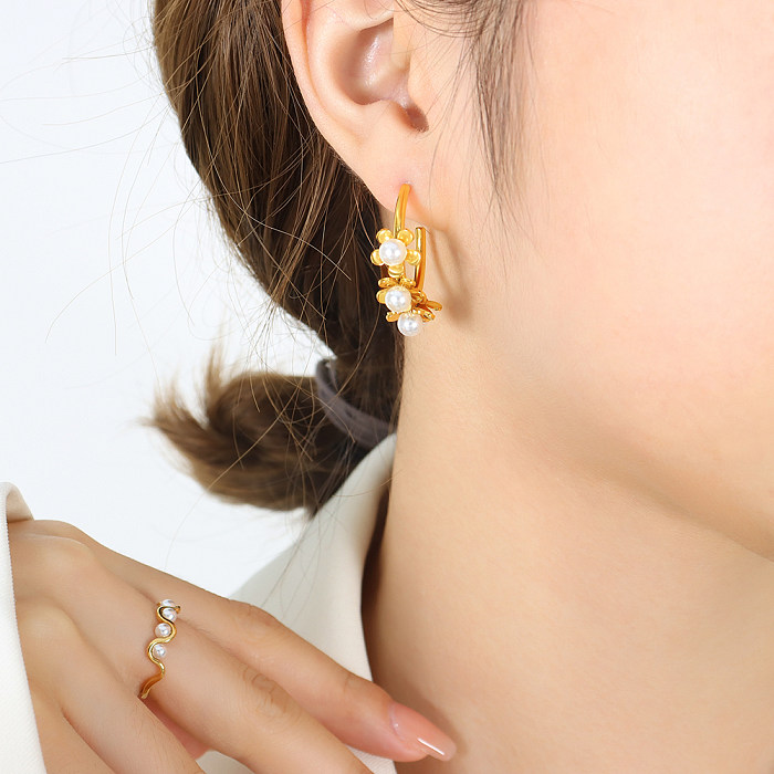 1 Pair Baroque Style Pearl Plating Inlay Stainless Steel Artificial Pearls 18K Gold Plated Hoop Earrings