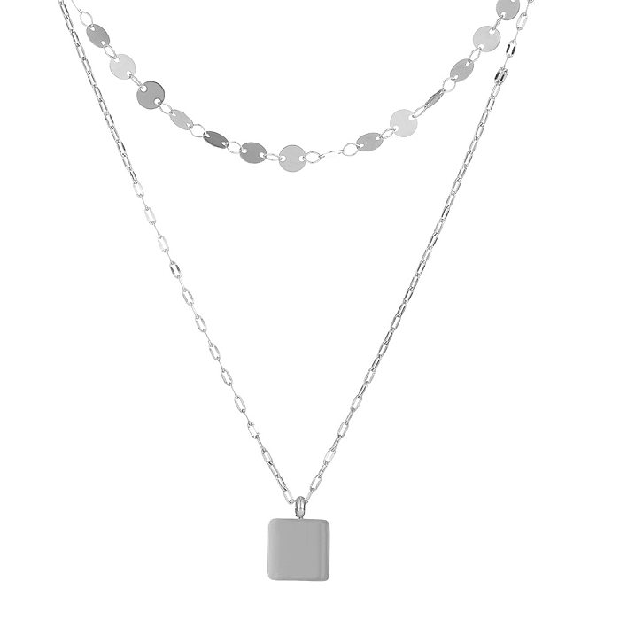 Doppelschichtige Halskette mit quadratischem Metallanhänger im Ethno-Stil, Schlüsselbeinkette aus Edelstahl