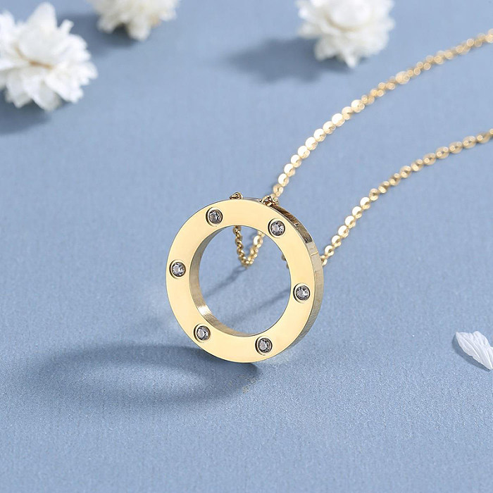 Casual Classic Style Artistic Circle Stainless Steel Polishing Plating Inlay Rhinestones 18K Gold Plated Pendant Necklace