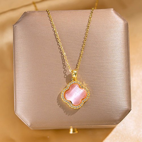 Shiny Korean Style Four Leaf Clover Stainless Steel Plating Inlay Zircon Gold Plated Pendant Necklace