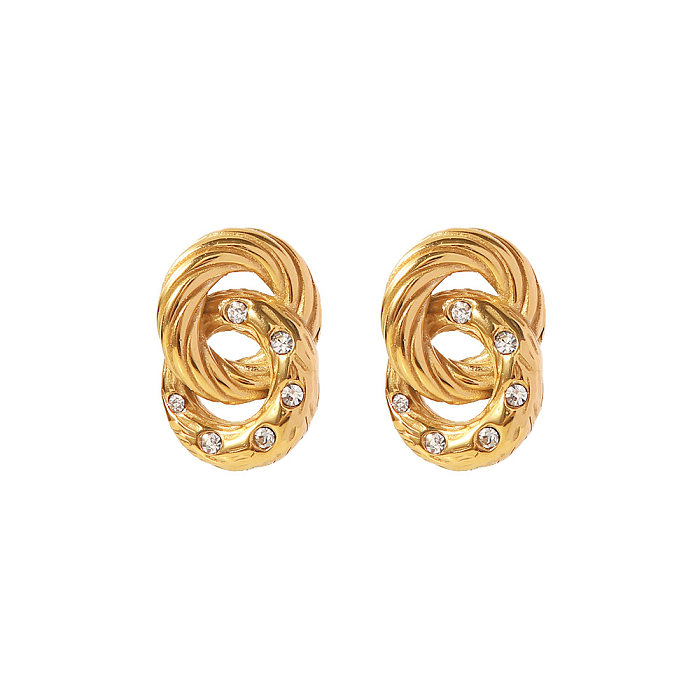 Vintage Style Geometric Stainless Steel  Gold Plated Zircon Earrings 1 Pair