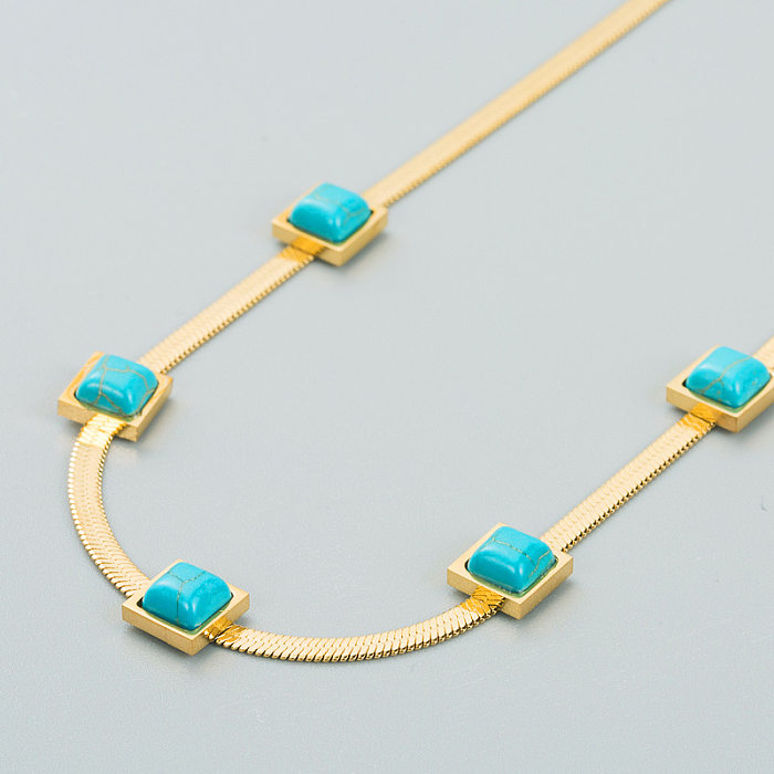 Vintage Inlaid Blue Turquoise Fine Non-fading Stainless Steel Clavicle Chain
