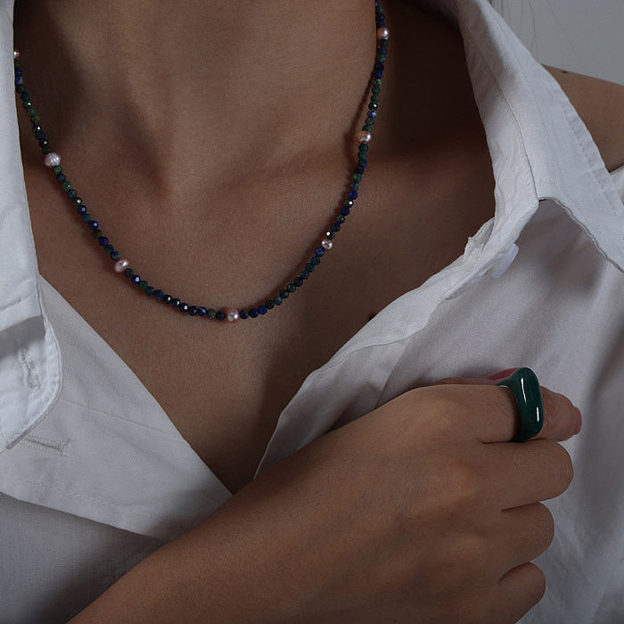 Collier élégant de Style baroque, couleur unie, perles d'eau douce, en acier inoxydable, Lapis Lazuli, plaqué or 18 carats, en vrac