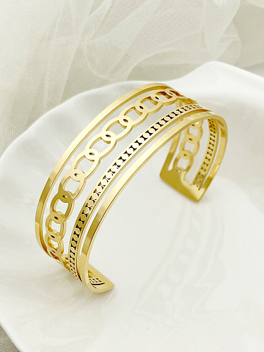 Senhora estilo francês cor sólida chapeamento de aço inoxidável oco pulseira banhada a ouro 14K