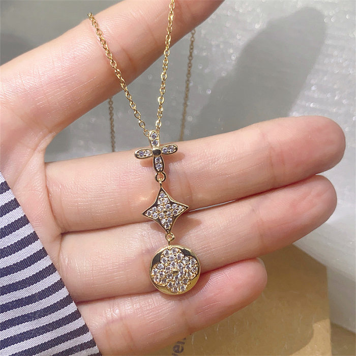Fashion Four Leaf Clover Stainless Steel Plating Zircon Pendant Necklace