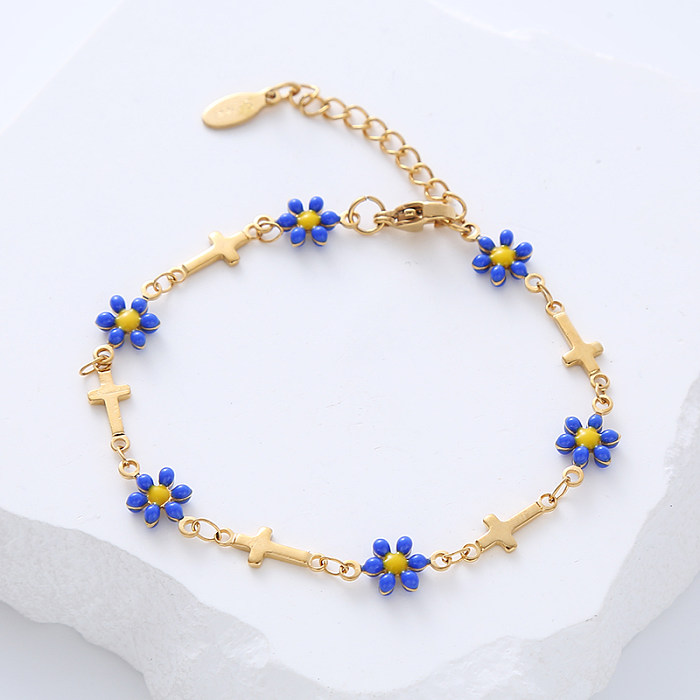 Estilo simples cruz flor aço inoxidável retalhos esmalte banhado a ouro pulseiras 1 peça