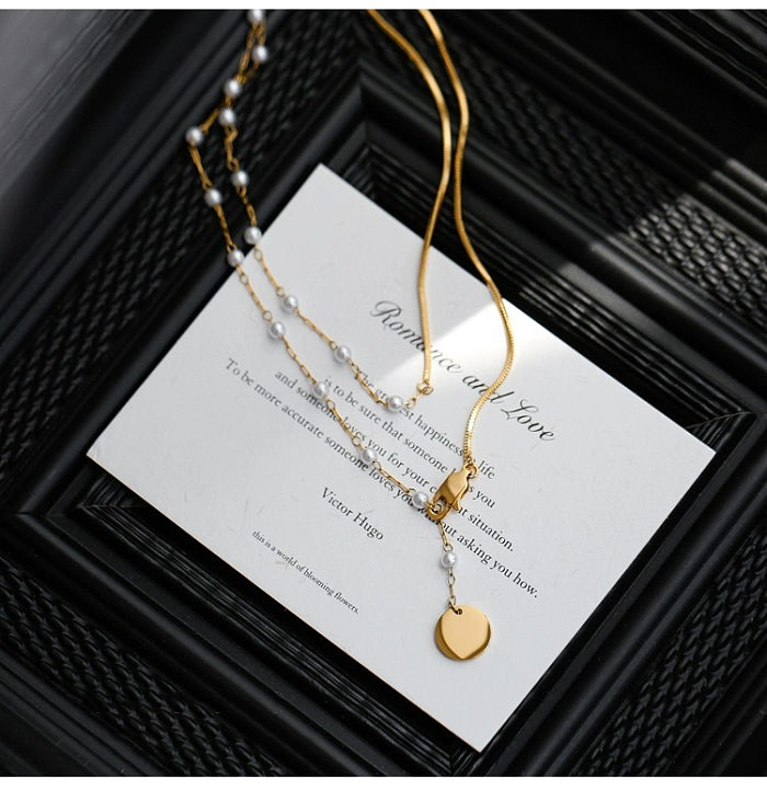 Colliers superposés de perles d'imitation en acier inoxydable géométriques de base élégants