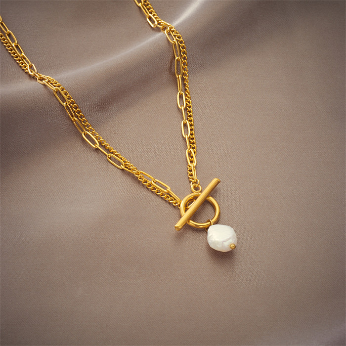 Einfache Halskette mit geometrischem, geschichtetem, vergoldetem, künstlichem Perlenanhänger aus Edelstahl
