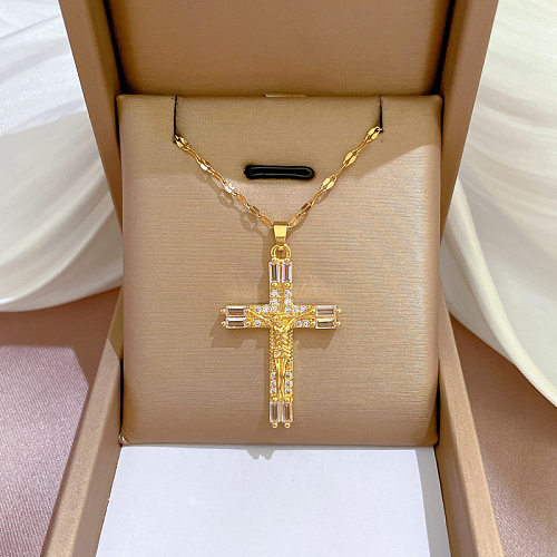 Collier avec pendentif en forme de croix de Style ethnique, en acier inoxydable, plaqué cuivre, incrustation de strass