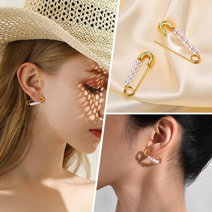 1 Pair IG Style Baroque Style Vacation Geometric Inlay Stainless Steel  Artificial Pearls 18K Gold Plated Earrings