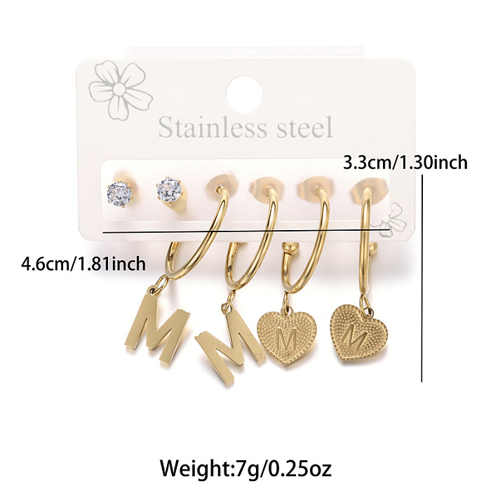 3 paires de boucles d'oreilles pendantes asymétriques en forme de lettre de style simple en acier inoxydable et zircon plaqué or 18 carats