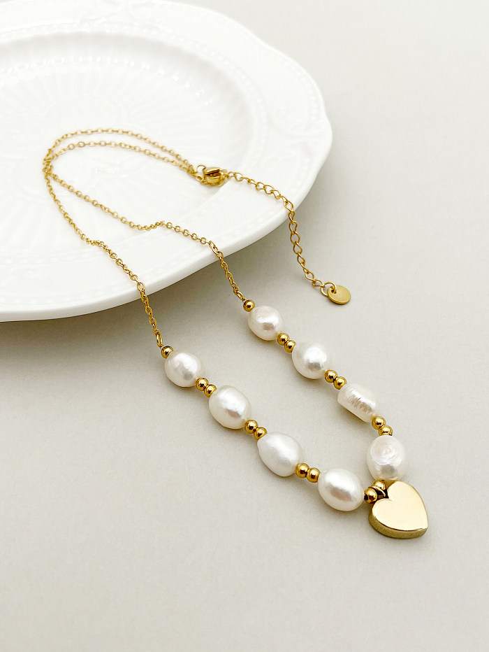 Elegant Simple Style Heart Shape Stainless Steel  Pearl Plating Inlay Zircon Gold Plated Pendant Necklace Long Necklace