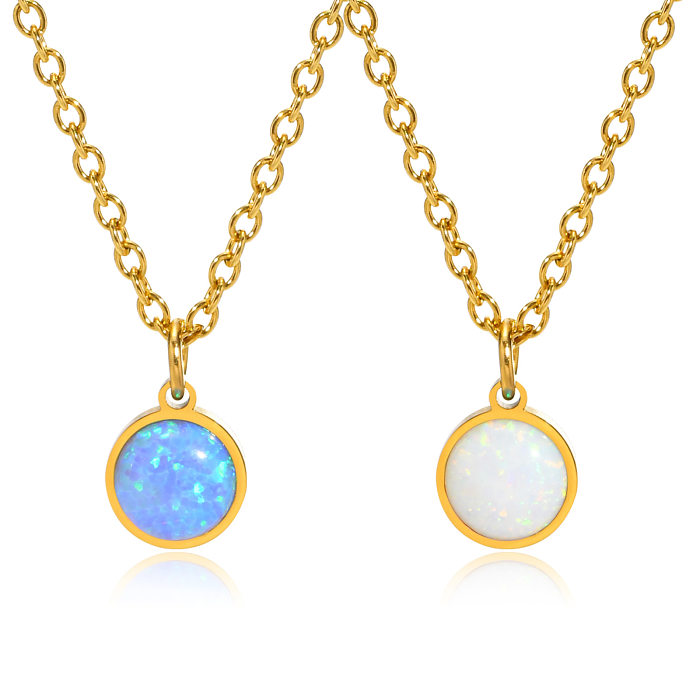 Elegant Round Stainless Steel Plating Opal Stone Pendant Necklace