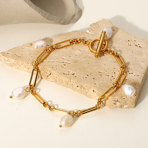 Bracelet à boucle OT plaqué or 18 carats, chaîne à coutures de perles rétro, en acier inoxydable