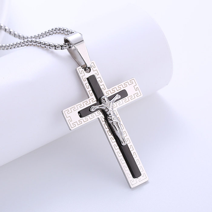 Collier pendentif rétro croix en acier inoxydable, polissage en Zircon, 1 pièce
