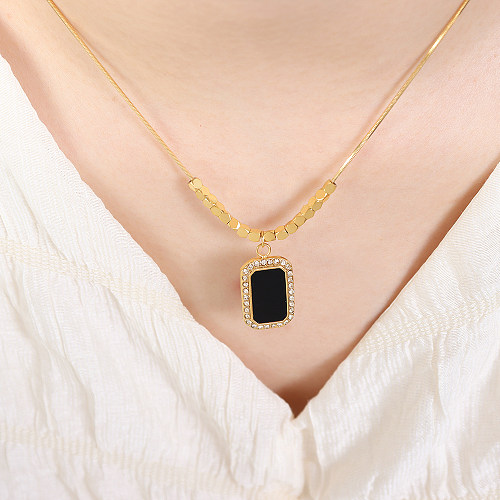 French Style Shiny Rectangle Stainless Steel Plating Inlay Acrylic Artificial Diamond 18K Gold Plated Pendant Necklace