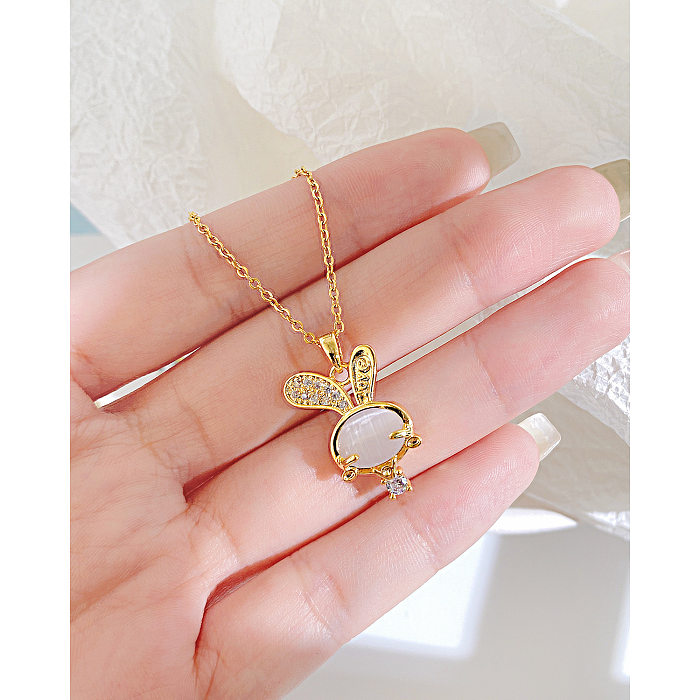 Korean Style Rabbit Stainless Steel  Copper Pendant Necklace Plating Zircon Stainless Steel  Necklaces
