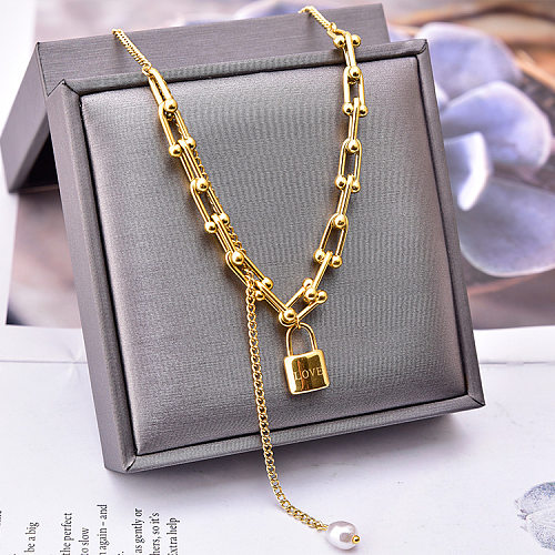 Fashion Lock Stainless Steel Inlay Artificial Pearls Necklace 1 Piece