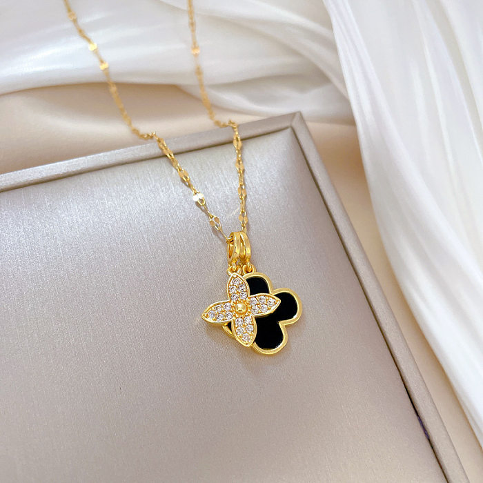 Fashion Flower Stainless Steel  Copper Plating Inlay Artificial Gemstones Pendant Necklace