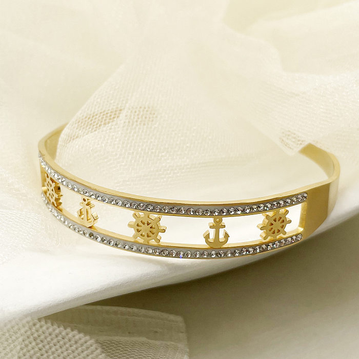 1 Piece Simple Style Solid Color Stainless Steel Inlay Rhinestones Bangle