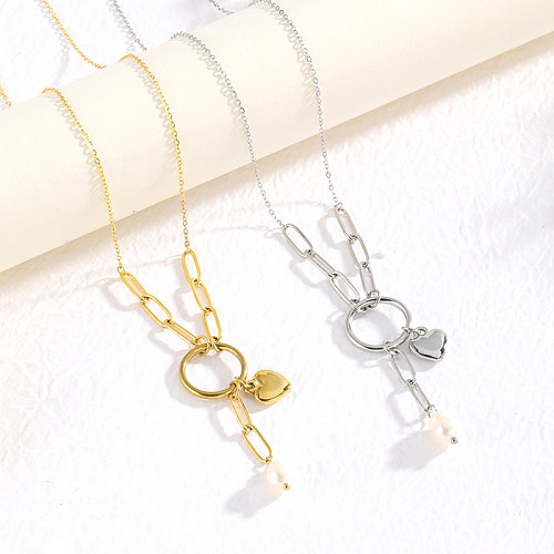 Collier avec pendentif plaqué or 14 carats, style simple et décontracté, en forme de cœur, couleur unie, en acier inoxydable, placage de perles