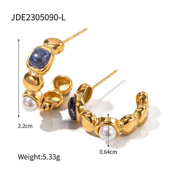 1 Pair Retro C Shape Plating Inlay Stainless Steel  Artificial Pearls Natural Stone 18K Gold Plated Ear Studs